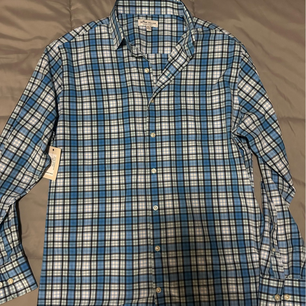 Peter Millar Blue and White Plaid Button-Down Shirt